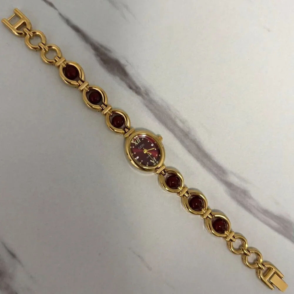 SKU:0110 cute gold burgundy mini watch gold bracelet burgundy stone +in gift bag